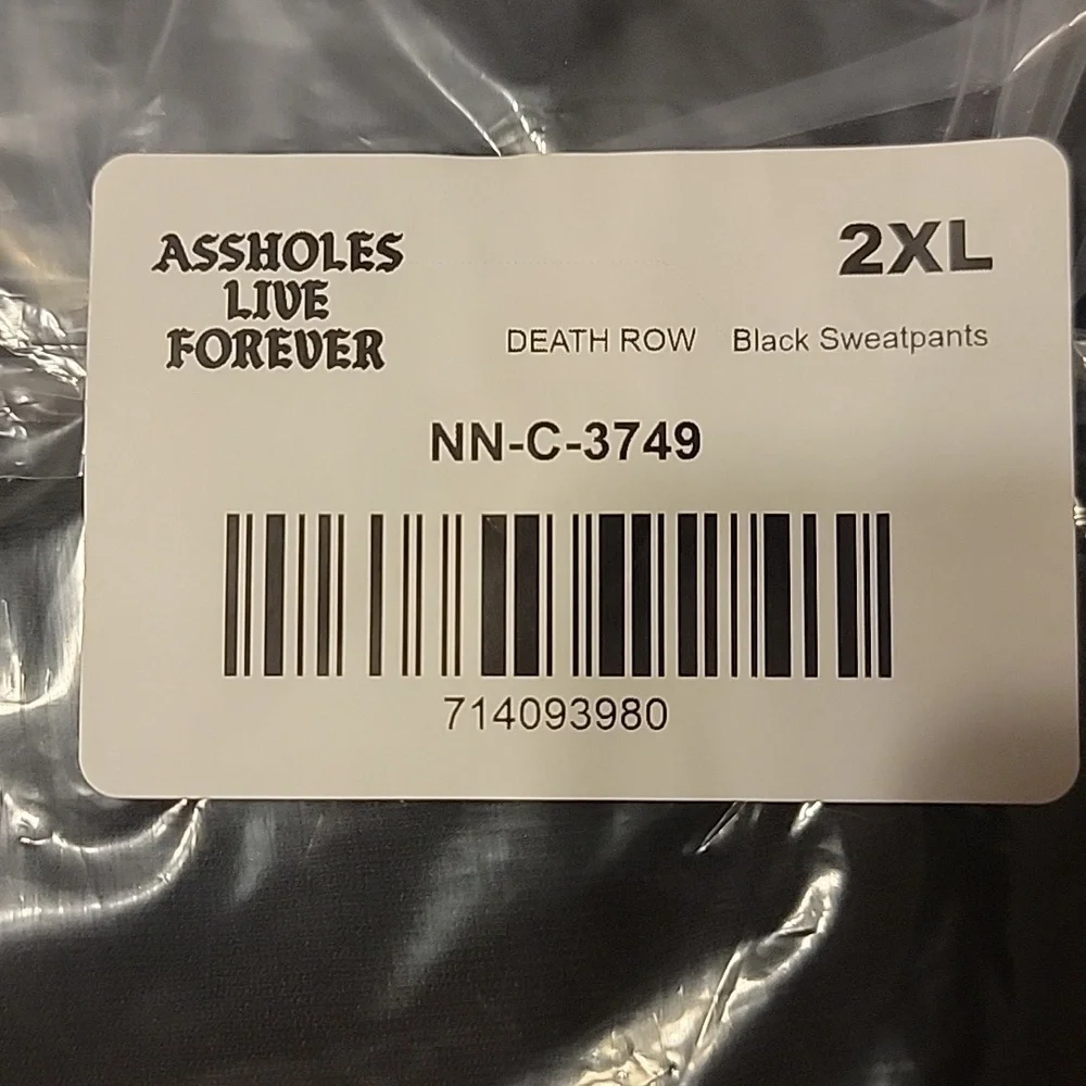 NWT Assholes Live Forever Black Joggers Size 2XL With White Logo Pockets ALF